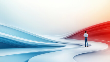 person standing at crossroads, contemplating choices in vibrant landscape. scene features flowing blue and red waves, symbolizing decision making and possibilities