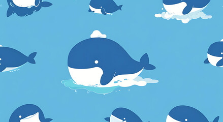 Fototapeta premium Smiling whale with a tiny water spout on a plain blue background, perfect for an ocean-themed, fun wallpaper design.