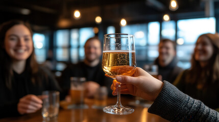 team celebrating milestone with toast, showcasing joy and camaraderie. Friends gather around table, raising glasses filled with sparkling drinks in warm, inviting atmosphere