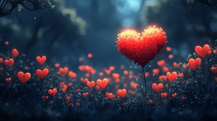 A field of red flowers with a heart in the middle