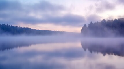 Fototapeta premium Tranquil Lake with Drifting Morning Fog