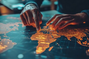 Global Connections: A Hand Points to Europe on a Luminous World Map