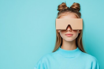 A young woman with dual buns wears cardboard VR goggles, posing against a pastel blue background, showcasing a stylish blend of modern tech and retro simplicity.