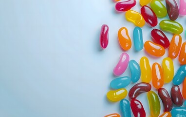 A colorful assortment of jelly beans scattered on a light blue background.