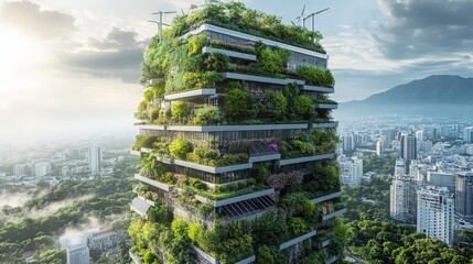 Obraz premium An eco-friendly skyscraper with solar panels, wind turbines, and a vertical garden stretching up the entire height of the building.
