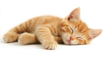 Adorable orange kitten sleeping peacefully on white surface, showcasing its soft fur and relaxed demeanor