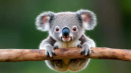 Obraz premium Charming baby koala clinging to branch, showcasing its adorable features and playful expression. This young koala embodies beauty of wildlife