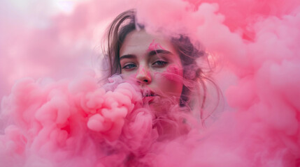A woman with messy hair peeks out from behind a billowing cloud of pink smoke clouds color run