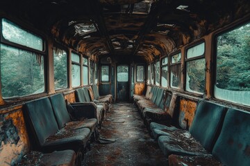 An eerie abandoned train car, with broken seats, shattered windows, and rust overtaking the metal exterior.