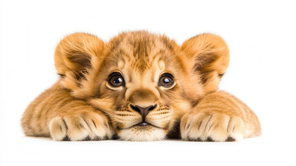Obraz premium Charming baby lion cub with big paws, showcasing its playful nature and innocence. This adorable cub captivates with its expressive eyes and soft fur