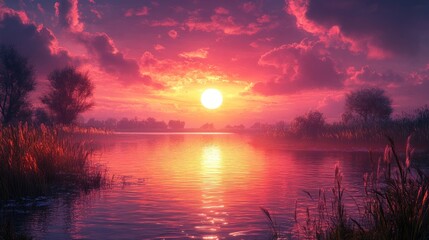 Serene sunset over a tranquil lake with vibrant colors.