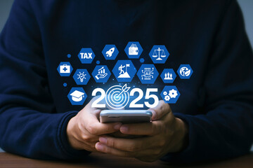 Man with New Year 2025 Goals Action Plan. Business plan, finance, ai, future, teamwork, achieving...