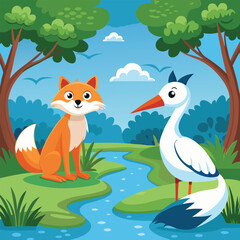 a cunning fox and a graceful stork sitting vector art