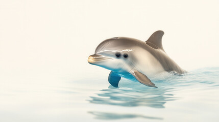 Fototapeta premium Cute 4 month old baby dolphin swimming playfully in clear water, showcasing its playful nature and curiosity. This adorable marine creature brings joy and wonder