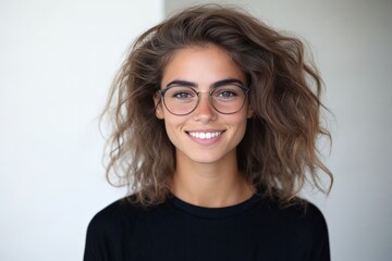 Obraz premium A cheerful woman with curly hair and glasses smiles warmly, exuding confidence and positivity. She stands in a casual setting reflecting friendly demeanor.