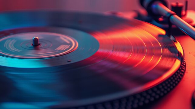 A close-up of a vinyl record spinning on a turntable