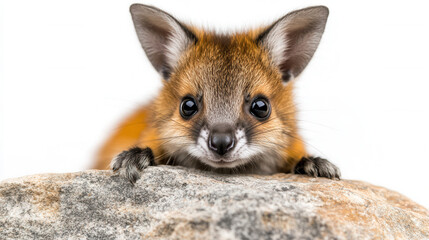 Obraz premium Cute baby wallaby peeking from behind rock, showcasing its adorable features and curious expression. This charming animal captures attention with its bright eyes and soft fur