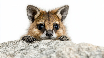 Obraz premium Cute baby wallaby peeking from behind rock, showcasing its adorable features and curious expression. This charming animal captures attention with its large eyes and soft fur