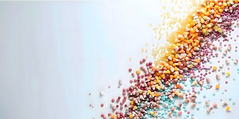 Colorful granules scattered on a light background, creating a vibrant visual effect.