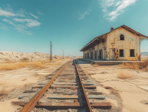 An old train station abandoned in a remote desert, with rusting tracks and broken platforms slowly disappearing into the sand.