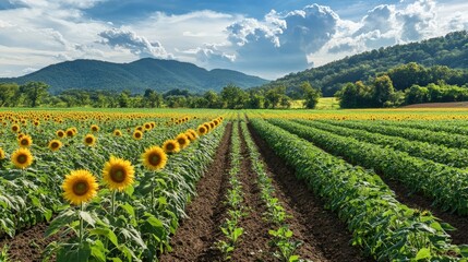 An organic farm with fields of sunflowers and crops rotated to maintain soil fertility and promote sustainability.