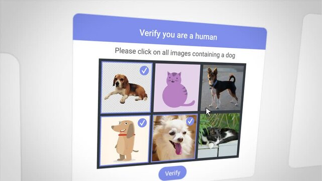 Human or robot test using image recognition on web page screen. Choosing dog picture to access or login into website. Visual machine learning captcha. Click on correct image to prove you are human