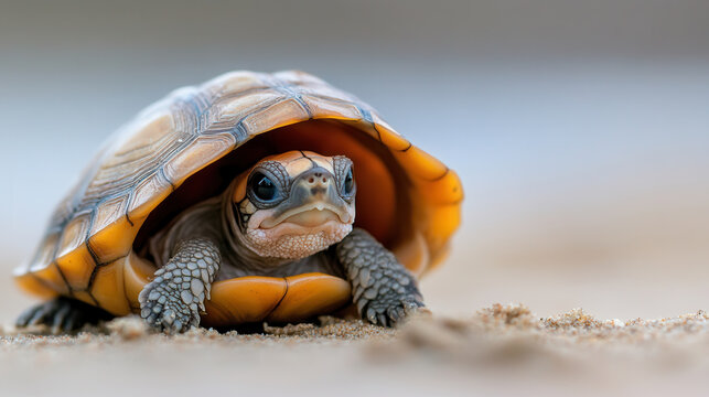 sweet 4 month old baby turtle peeking out of its shell, showcasing its vibrant colors and curious expression. This adorable creature captures essence of innocence and wonder