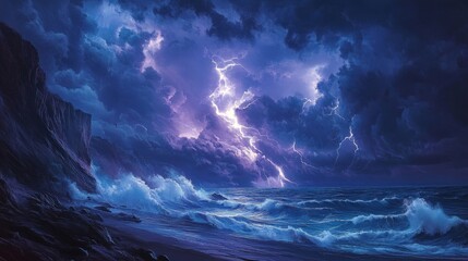 Lightning bolts striking the sea cliffs during a storm, with waves crashing below and clouds swirling overhead.