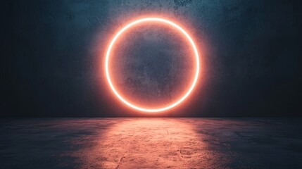 Obraz premium A mesmerizing neon circle illuminates the dark concrete space creating a stunning visual contrast of light and shadow in modern design aesthetics