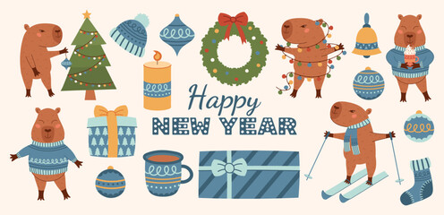 Christmas capybara and winter new year elements collection. Capybara with Christmas tree, garland, skiing in warm clothes. Wreath, gift box, tree toys, candle, sock, hat set. Vector illustration.