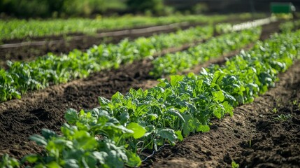 Organic farming using a drip irrigation system to conserve water, ensuring crops are hydrated efficiently.