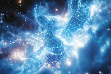 Abstract blue and white glowing nebula with a network of lights.
