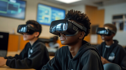 A group of diverse students engages with virtual reality technology in a classroom setting, enhancing their learning experience through innovative and interactive educational tools.