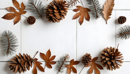 Rustic fall composition with scattered pine cones, dry leaves