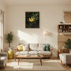 Serene and Artful Living Space with Vibrant Abstract Wall Decor