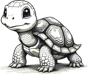 Minimalist Black and White Baby Smiling Turtle Cartoon With Happy Expression Illustration, Coloring Pages For Kids