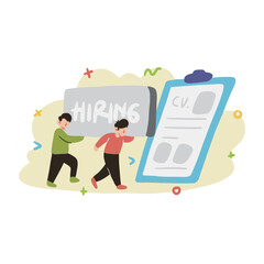 Two people in a professional setting holding a Hiring sign and CV clipboard. Perfect for job search, hiring, recruitment concepts.