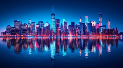 Fototapeta premium Vibrant Nightscape with City Reflections and Diffused Lighting