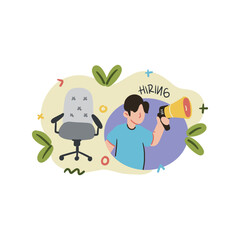 Person with megaphone, office chair, were hiring text suitable for recruitment ads, job postings, career related articles, HR presentations.