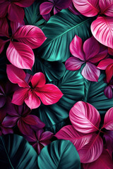 Obraz premium A stunning arrangement of rich teal and vivid pink leaves, creating a colorful and lush backdrop perfect for nature enthusiasts and decor lovers.