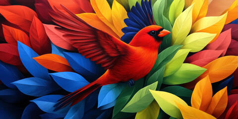 Obraz premium A stunning red cardinal takes flight against a backdrop of richly colored leaves, creating a lively contrast that celebrates nature's beauty and vibrancy.