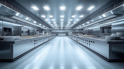 Fototapeta premium Modern commercial kitchen with stainless steel appliances and fixtures.
