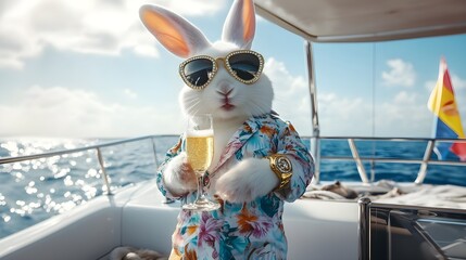 Party animal rabbit on expensive private yacht with champagne gold watch stylish sunglasses, billionaire dream lifestyle wallpaper background, funny creative animal pet concept unique 3d digital art.
