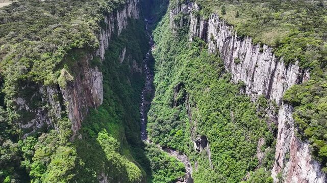 Canyon Of Itaimbezinho At Cambara Do Sul Rio Grande Do Sul Brazil. Cliffside Surrounded By Lush Green Forest Viewed From Above. Countryside Dramatic Sky Rural Field. Agro Rural Panorama.