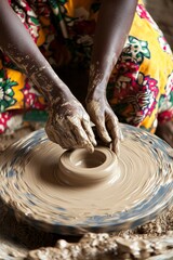 Fototapeta premium a young woman sculpting with clay on a potters wheel