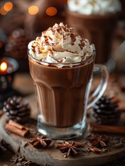 A glass of hot chocolate with whipped cream on top