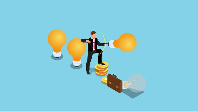 man aims a bow at light bulbs while standing on stacks of coins in a creative and abstract setting representing innovation and finance 3d animation cartoon
