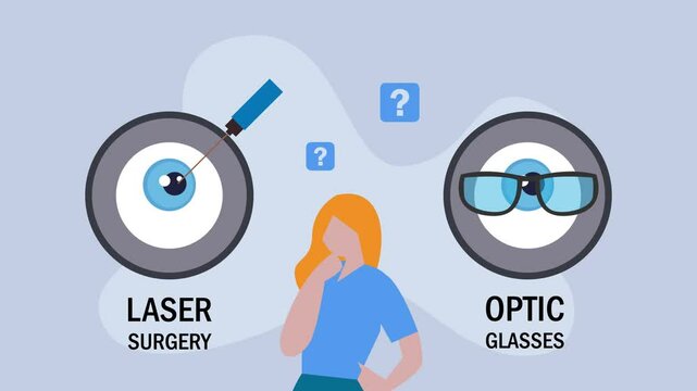 Thinking woman thinking to take lase surgery or eye glasses cartoon animation