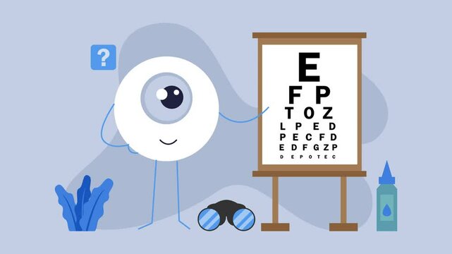 Eyeball mascot checks vision by Snellen chart cartoon animation
