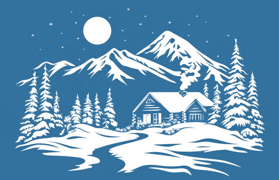A simple white stencil of snowy mountains, evergreen trees, and an old cabin with smoke coming from the chimney in front of it. The sky is blue, and there's moonlight